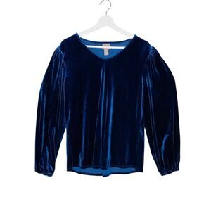 Chico's Top Womens Size 2 L (12) Blue Velour Puff‎ Shoulder Long Sleeve Holiday